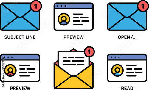 Fotografi Email workflow illustration, communication sequence showing subject preview open and read status for marketing analytics and modern interface design