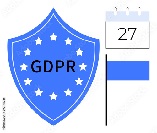 Data security, privacy laws, compliance standards, digital rights, EU regulations, user protection. Blue shield with stars, GDPR text calendar date flag icon. Data security and privacy laws theme