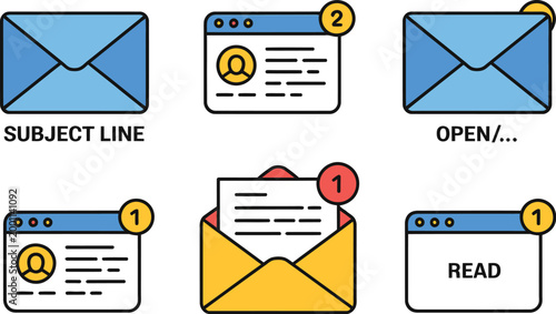 Email status workflow illustration, sequence showing subject preview open and read tracking for marketing analytics and modern interface design.