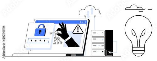 Cybersecurity, data privacy, authentication, online safety, encryption, innovation. A laptop showing a lock and keys with a hand intercepting, a server and a lightbulb. Cybersecurity and data
