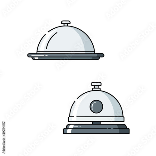 Two hotel service icons one bellhop bell and one food cloche.