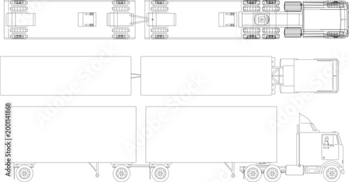 Billede på lærred Technical engineering drawing of heavy trucks showing top plan and side elevation views of semi-trailers and road trains in CAD style