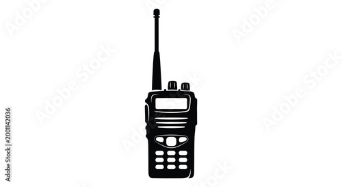 Black silhouette of a two way radio with antenna communication device illustration