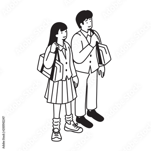 アイソメトリック構図の中高生の男女のイラスト