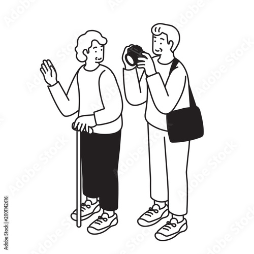 カメラを楽しむシンプルなシニア夫婦のイラスト