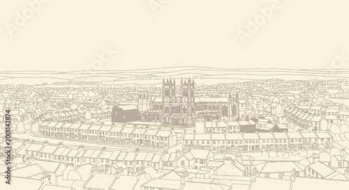 Photos Detailed Architectural Sketch of a Historic Cathedral and Surrounding Cityscape