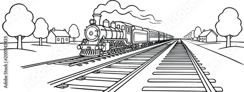 Vintage steam train coloring page, classic locomotive on railway tracks in countryside landscape vector