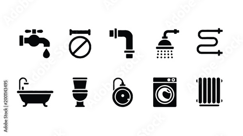 A set of ten black and white icons arranged depicting various bathroom and plumbing elements