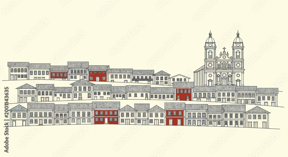 Obraz premium Historic Colonial Cityscape with Grand Cathedral and Row Houses.