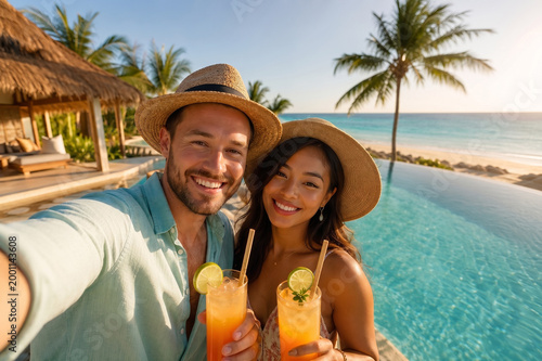 A couple at the hotel pool and beach enjoying the sea and sun. Palm trees. Vacation. Cocktails. Blue water. Sun hats. Partnership. Love relationship. Sunbathing. Generative AI