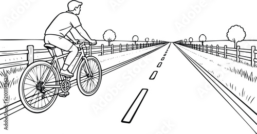 Bild auf Leinwand Man riding bicycle on long straight road line art conceptual journey illustratio