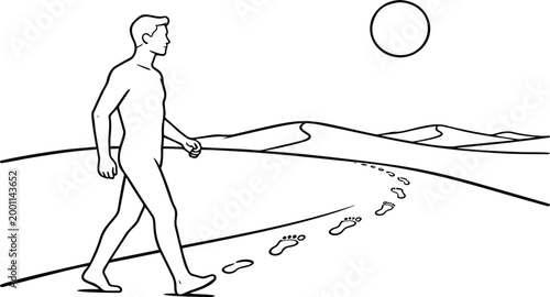 Minimalist line art of a man walking naked through a desert landscape leaving footprints, representing a journey of self-discovery and vulnerability