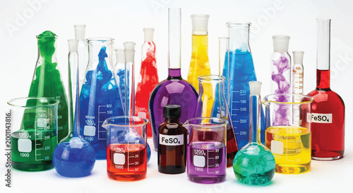 Collection of laboratory glassware with colored chemicals in a scientific setting colored liquids lab equipment chemical industry laboratory suppl