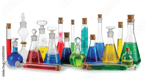 Assorted laboratory glassware filled with colorful liquids on a white background colored liquids lab equipment chemical industry laboratory suppli