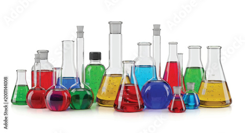 Group of various laboratory flasks and beakers containing colorful chemical solutions with colored solutions lab equipment laboratory glassware