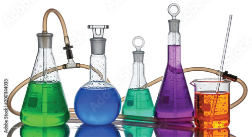 Laboratory glassware with colorful liquids and tubing for chemical experiments and research laboratory equipment test tube laboratory flask