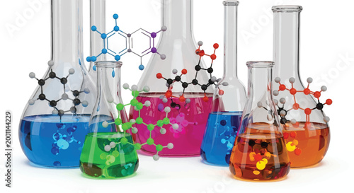 Glass laboratory flasks filled with colorful liquids and molecular structures representing scientific research and development, molecular structure