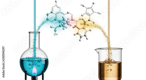 Chemical experiment with liquids flowing between a flask and beaker molecular structures visualized molecular structure laboratory equipment