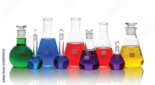 Various laboratory glassware filled with colorful liquids beakers flasks vials against a white background conical flask round bottom flask research