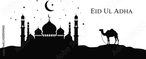 Eid al adha mubarak islamic celebration with mosque crescent moon camel