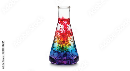 Close-up of an erlenmeyer flask with swirling rainbow-colored liquids, demonstrating a chemical reaction or mixture against a white background