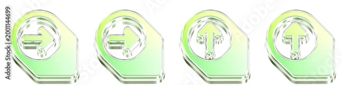 Isolated 3D translucent circled right 2, circled right, circled up 2, and circled up icons with indigo purple gradient. Directional arrows and navigation interface pointers.