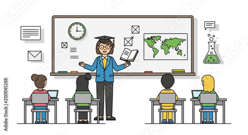Classroom scene with teacher and students learning geography.