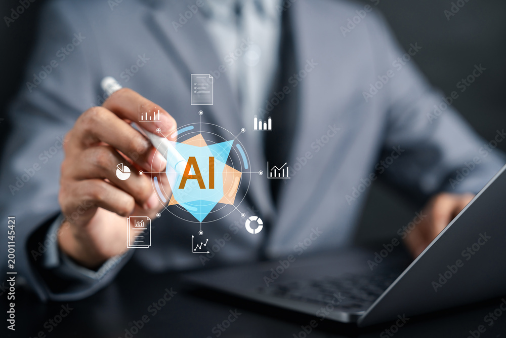 Obraz premium Businessman pointing at artificial intelligence hologram dashboard. Data analysis, machine learning and digital transformation business concept.
