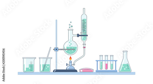 Chemistry laboratory setup with glassware and experiments.