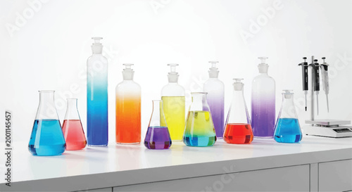Scientific laboratory bench with various flasks containing colorful liquids and pipettes liquid substances chemical compounds test tubes colorful