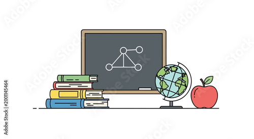 Educational supplies with books globe and blackboard.