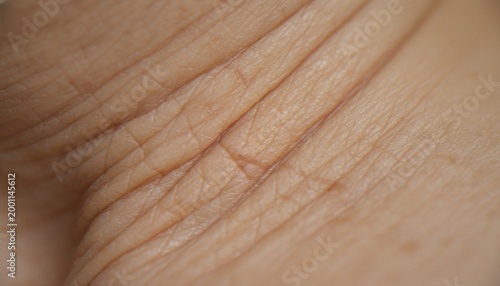 Fotografie A close-up, macro view of human skin showing detailed texture, fine lines, pores, and natural skin creases