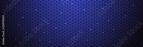 Abstract tech background with blue hexagon grid and glowing lines. Futuristic digital mesh with light particles. Wide cyber network pattern for modern tech design. Vector illustration.