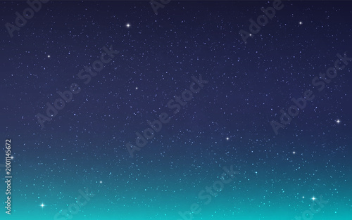 Cosmos background. Blue and green gradient wallpaper. Bright stars and subtle glow. Starry cosmic night sky with soft depth. Color universe texture for science design. Vector illustration.