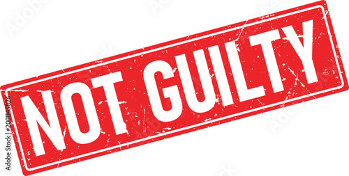 Distressed red rectangular rubber stamp impression announces NOT GUILTY in bold white lettering