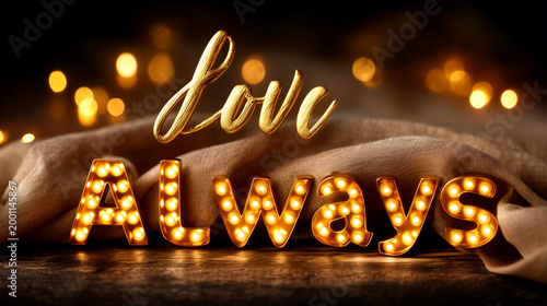 Illuminated 'Love Always' Marquee Sign with Romantic Bokeh Lights