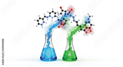 Two laboratory flasks with colorful liquids and chemical molecules emerging science concept chemistry molecules laboratory research discovery