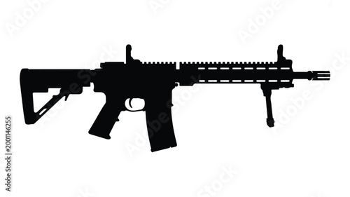 An assault rifle silhouette showcases metallic industrial design