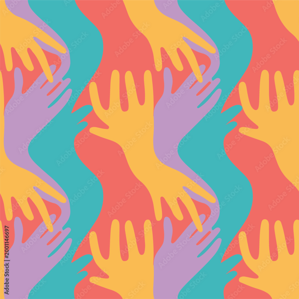 Fototapeta premium Abstract seamless pattern with diverse colorful hands for unity concept.