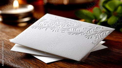 Elegant Embossed Wedding Invitation with Romantic Floral Detail and Candlelight