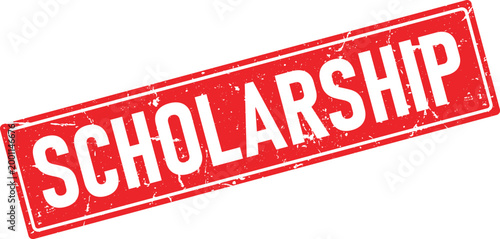 Red distressed rubber stamp impression with the word Scholarship in white on a white background