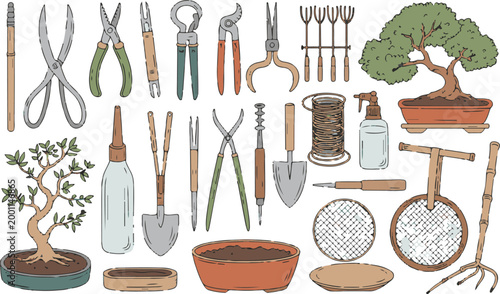 Bonsai trees and maintenance gardening equipment for hobbyist cultivation.