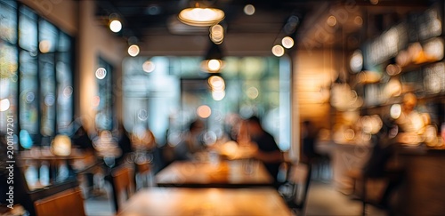Warm, softly lit interior of a busy cafe with blurred patrons at tables
