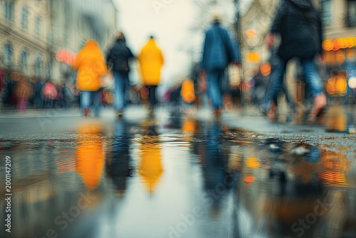 Blurred figures walk down a wet street, reflections shimmering