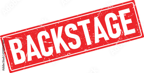 Red rubber stamp with a grunge texture saying backstage in white lettering