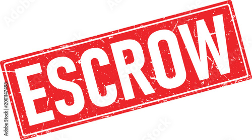 Square red rubber stamp impression with the word Escrow in distressed white lettering