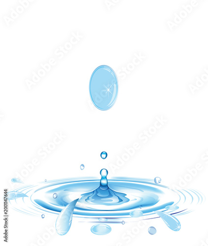 Realistic Blue Water Drop Falling with Splash and Ripple Effect on White Background: Minimalist Liquid Droplet Illustration for Freshness Purity and Nature Graphic Design Projects.