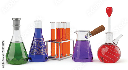 Variety of scientific laboratory glass vessels containing colored chemical solutions and reagents with test tube lab equipment science