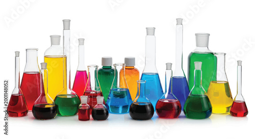 Group of colorful chemical liquids in various laboratory flasks beakers small bottles with lab equipment test tube science and technology chemical