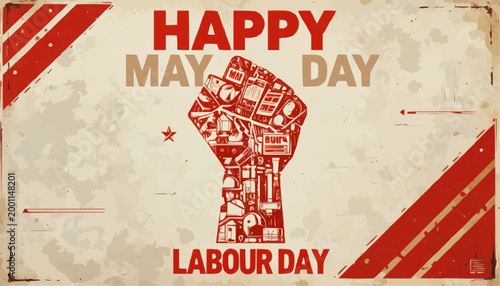 Strong red fist unites diverse workers symbolizing unity. Bold text celebrates May Day with clear, celebratory tone. Workers depicted in gear, tools, and hats reflect labor pride